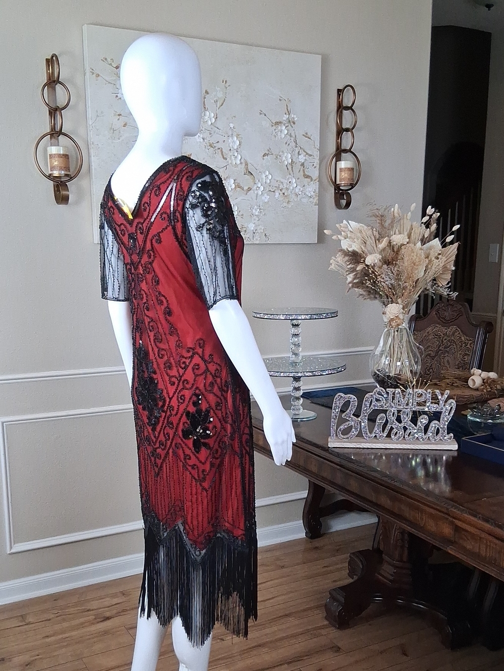 New Women's Red And Black Beaded V-Neck Fringe Cocktail Summer Dress Medium - Picture 9 of 16